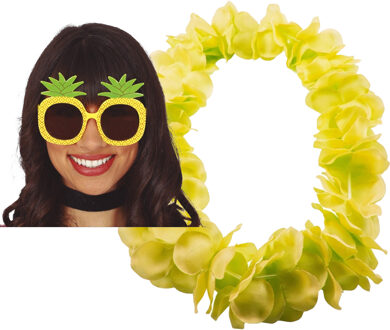 Tropische Hawaii party verkleed accessoires set - Ananas zonnebril - en bloemenkrans fluor geel
