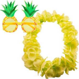 Tropische Hawaii party verkleed accessoires set - Ananas zonnebril - en bloemenkrans fluor geel