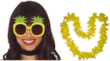 Tropische Hawaii party verkleed accessoires set - Ananas zonnebril - en bloemenkrans geel