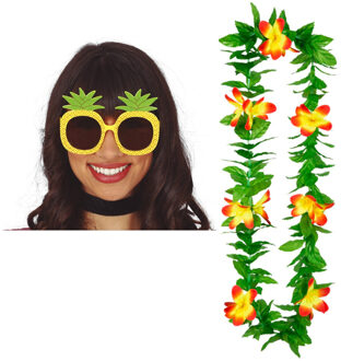 Tropische Hawaii party verkleed accessoires set - Ananas zonnebril - en bloemenkrans geel