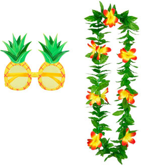 Tropische Hawaii party verkleed accessoires set - Ananas zonnebril - en bloemenkrans groen/geel