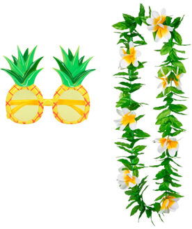 Tropische Hawaii party verkleed accessoires set - Ananas zonnebril - en bloemenkrans groen/wit