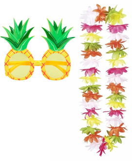 Tropische Hawaii party verkleed accessoires set - Ananas zonnebril - en bloemenkrans multi kleuren