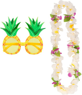 Tropische Hawaii party verkleed accessoires set - Ananas zonnebril - en bloemenkrans wit