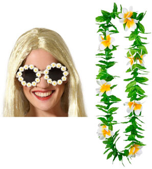 Tropische Hawaii party verkleed accessoires set - bloemen zonnebril - en bloemenkrans groen/wit