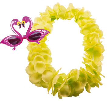 Tropische Hawaii party verkleed accessoires set - Flamingos zonnebril - bloemenkrans fluor geel