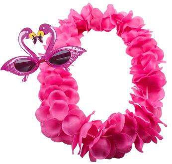 Tropische Hawaii party verkleed accessoires set - Flamingos zonnebril - bloemenkrans fuchsia roze