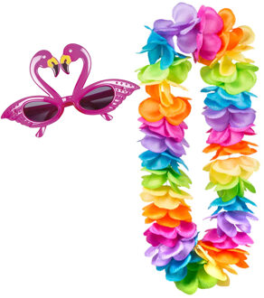 Tropische Hawaii party verkleed accessoires set - Flamingos zonnebril - bloemenkrans kleurenmix