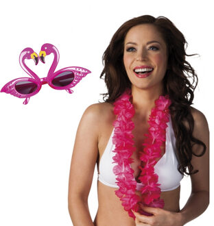Tropische Hawaii party verkleed accessoires set - Flamingos zonnebril - bloemenkrans roze