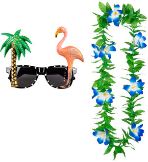 Tropische Hawaii party verkleed accessoires set - Funny zonnebril - en bloemenkrans groen/blauw