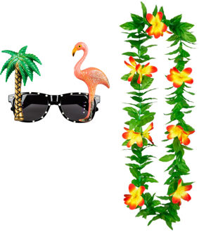 Tropische Hawaii party verkleed accessoires set - Funny zonnebril - en bloemenkrans groen/geel