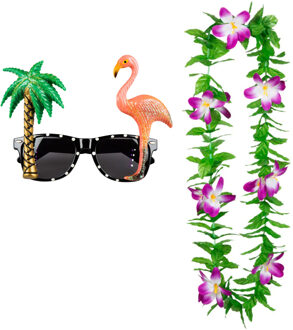 Tropische Hawaii party verkleed accessoires set - Funny zonnebril - en bloemenkrans groen/paars