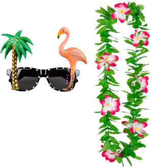 Tropische Hawaii party verkleed accessoires set - Funny zonnebril - en bloemenkrans groen/roze