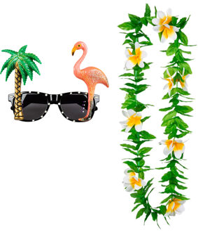Tropische Hawaii party verkleed accessoires set - Funny zonnebril - en bloemenkrans groen/wit