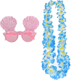 Tropische Hawaii party verkleed accessoires set - schelpen zonnebril - en bloemenkrans blauw