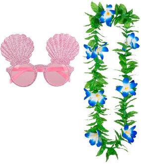 Tropische Hawaii party verkleed accessoires set - schelpen zonnebril - en bloemenkrans groen/blauw