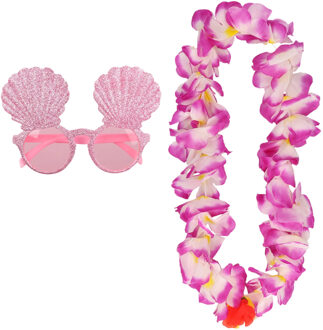 Tropische Hawaii party verkleed accessoires set - schelpen zonnebril - en bloemenkrans roze