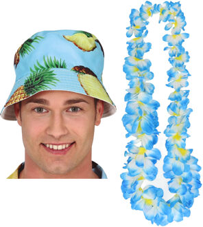 Tropische Hawaii party verkleedset - bucket hoedje - met bloemenslinger lichtblauw - volwassenen