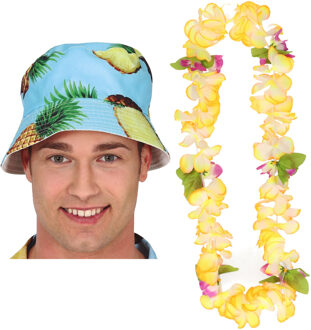 Tropische Hawaii party verkleedset - bucket hoedje - met bloemenslinger lichtblauw - volwassenen