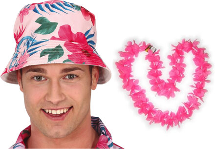 Tropische Hawaii party verkleedset - bucket hoedje - met bloemenslinger roze - volwassenen