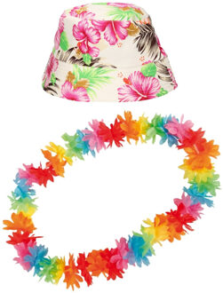 Tropische Hawaii party verkleedset - bucket hoedje - met bloemenslinger - volwassenen - summer