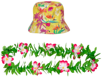 Tropische Hawaii party verkleedset - bucket hoedje - met bloemenslinger - volwassenen - summer