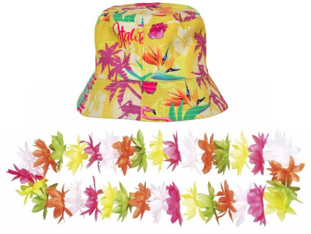 Tropische Hawaii party verkleedset - bucket hoedje - met bloemenslinger - volwassenen - summer