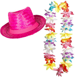 Tropische Hawaii party verkleedset - roze strohoedje - en LED lichtjes bloemenkrans