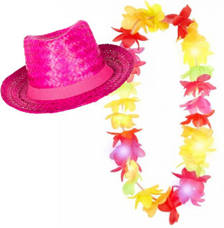 Tropische Hawaii party verkleedset - roze strohoedje - en LED lichtjes bloemenkrans
