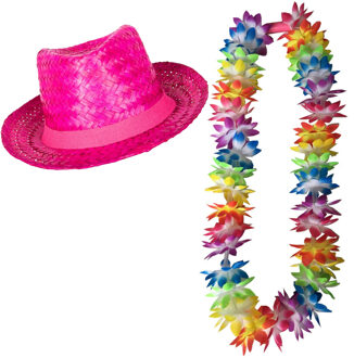 Tropische Hawaii party verkleedset - roze strohoedje - en LED lichtjes bloemenkrans