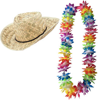 Tropische Hawaii party verkleedset - strohoedje - en LED lichtjes bloemenkrans