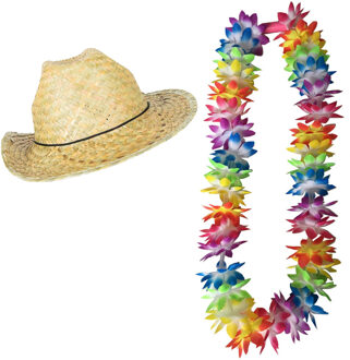 Tropische Hawaii party verkleedset - strohoedje - en LED lichtjes bloemenkrans