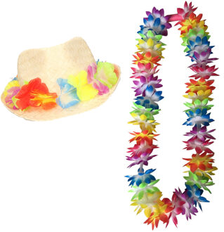 Tropische Hawaii party verkleedset - strohoedje met bloemenband - en LED lichtjes bloemenkrans