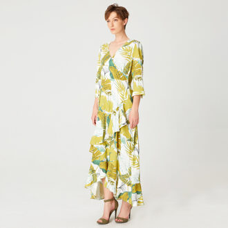 Tropische print frisse midi -jurk met kruisbuste Geel - L