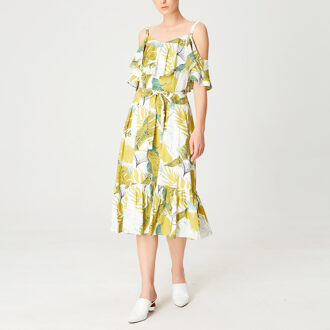 Tropische print trapeze -jurk met ruches en dunne riemen - maat Geel