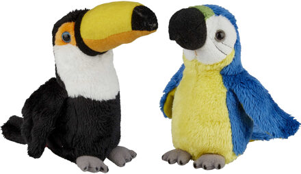 Tropische vogels pluche knuffels 2x stuks - Blauwe Macaw Papegaai en Toekan van 15 cm