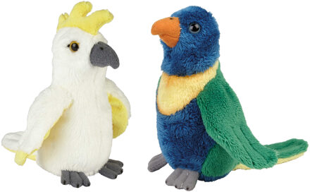 Tropische vogels pluche knuffels 2x stuks - Kaketoe en Lori Parkiet van 15 cm