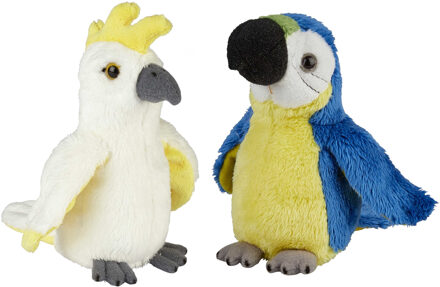 Tropische vogels pluche knuffels 2x stuks - Kaketoe en Papegaai van 15 cm