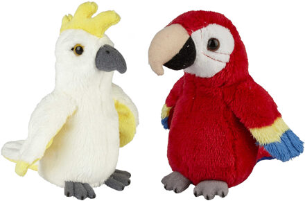 Tropische vogels pluche knuffels 2x stuks - Kaketoe en Papegaai - van 15 cm