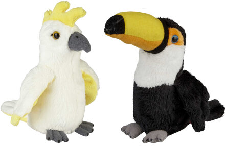 Tropische vogels pluche knuffels 2x stuks - Kaketoe en Toekan van 15 cm