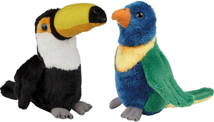 Tropische vogels pluche knuffels 2x stuks - Lori Parkiet en Toekan van 15 cm