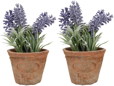 True to Nature 2x stuks kunstplanten lavendel in terracotta pot 15 cm