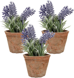 True to Nature 3x stuks kunstplanten lavendel in terracotta pot 15 cm