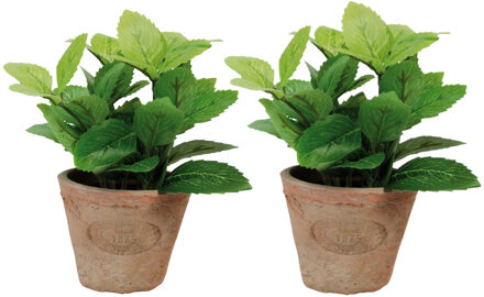True to Nature Esschert Design Kunstplant/kruiden munt - 2x stuks - in oude terracotta pot - 16 cm