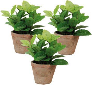 True to Nature Esschert Design Kunstplant/kruiden munt - 3x stuks - in oude terracotta pot - 16 cm