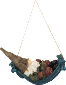 True to Nature Tuinkabouter hangmat - 22 cm - bruin - ophang touw - tuin- en binnendecoratie - polyresin beeldje
