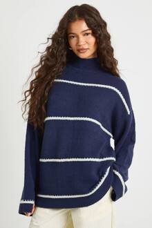 Trui Met Hoge Kraag En Naaddetail, Navy - S