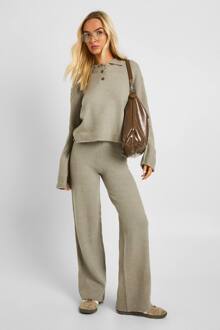 Trui Met Kraag En Knopen, Oversized Gebreid, En Broek Met Rechte Pijpen Co-Ord, Grey - XL