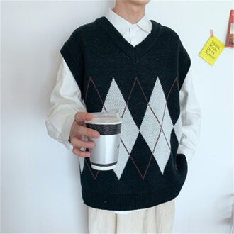 Trui Vest Mannen Patchwork V-hals Mouwloze Truien Losse Stijl Side-Slit Koppels Tieners Vest Retro Truien zwart / M