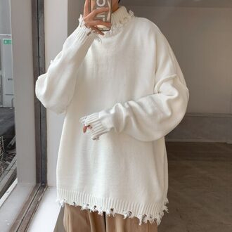 Truien Mannen Coltrui Effen Ripped Losse Casual Gebreide Trui Winter Warme Zachte Hollow Out Mode Eenvoudige Ulzzang Chic Retro wit / Xxl